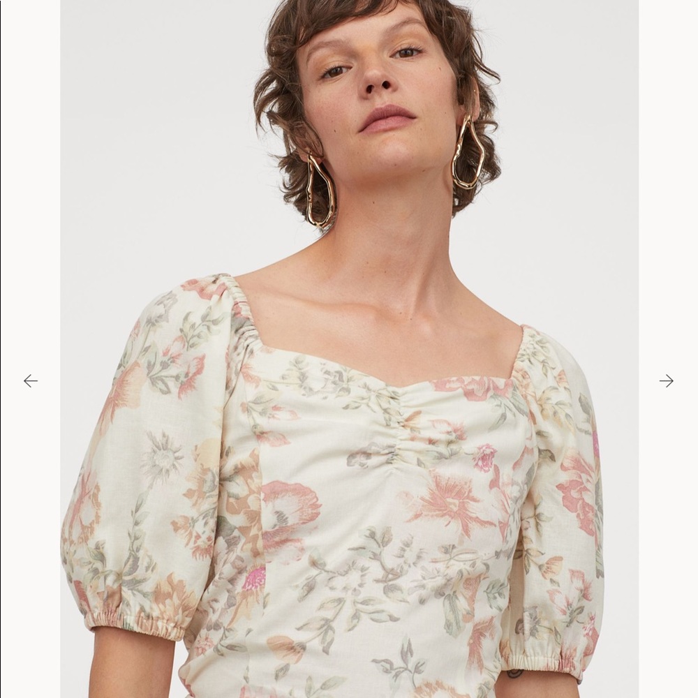 H&M Floral Puff Sleeve Linen Blouse